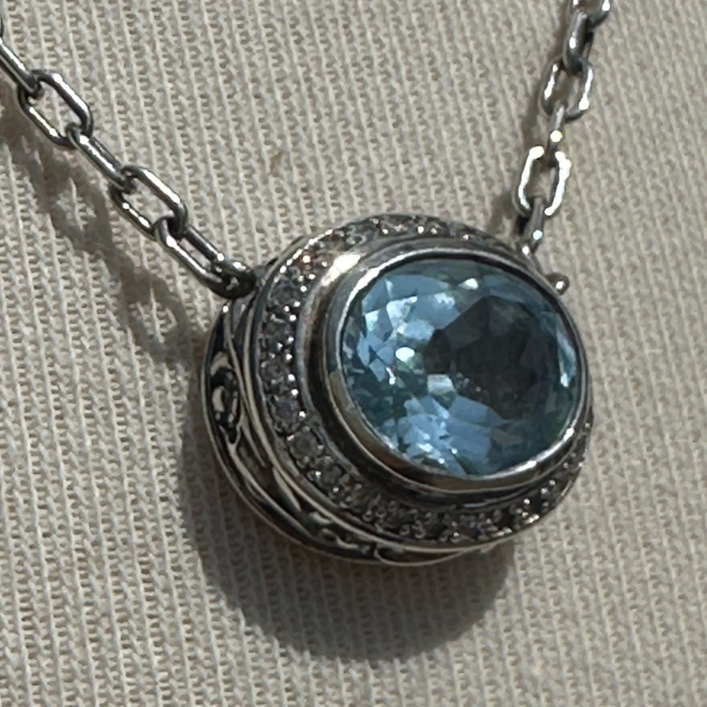Designer LYRIC Blue Topaz necklace in Gorgeous Sterling Halo setting